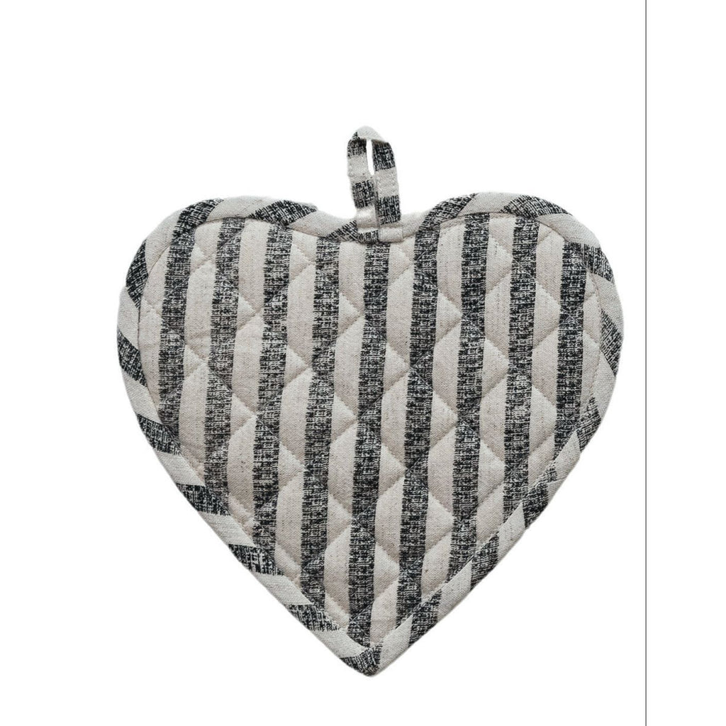 Three heart-shaped pot holders with striped patterns on a white background