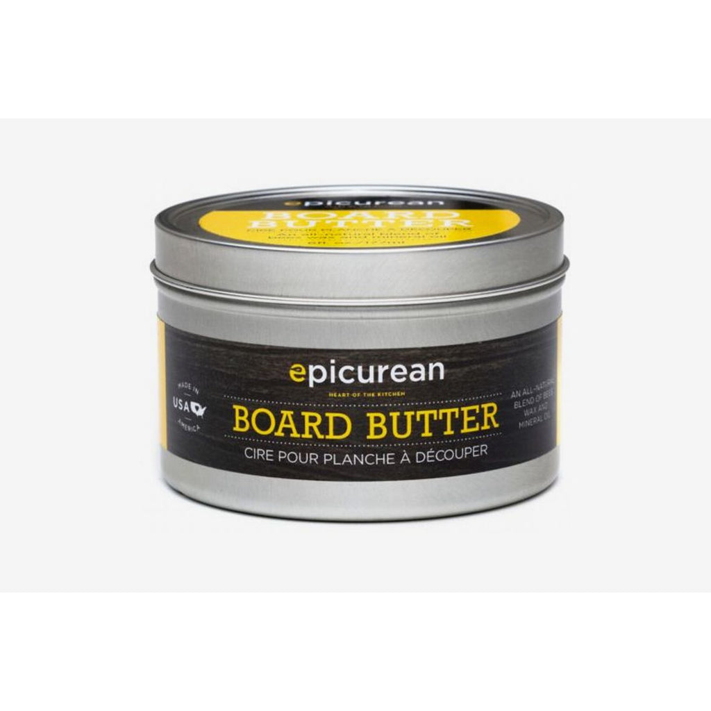 A tin container labeled 'Epicurean Board Butter' with a yellow lid on a white background.