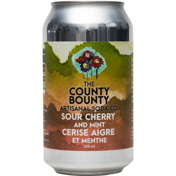 Can of sour cherry and mint soda, close up.