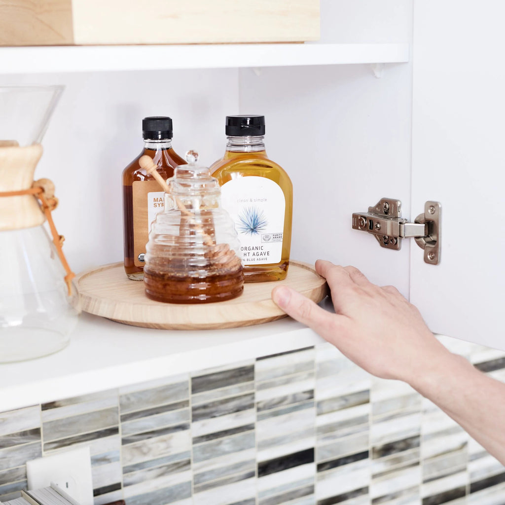 IDesign Wood Turntable, in use with syrups.