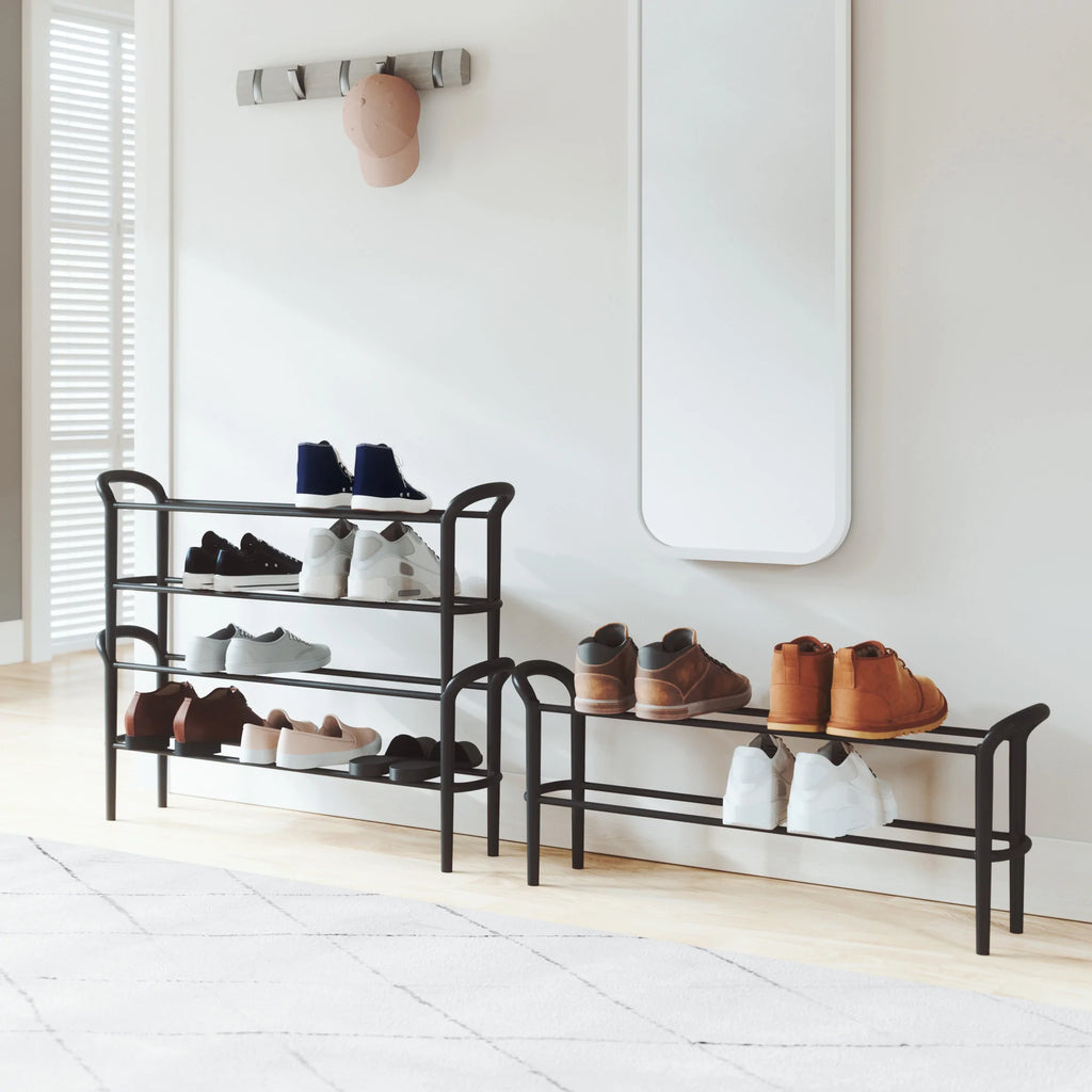 Umbra Shoestack Rack, both sets, in use.