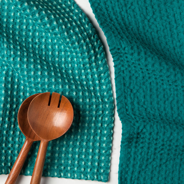 Waffle Tea Towel Set - Teal styled close up