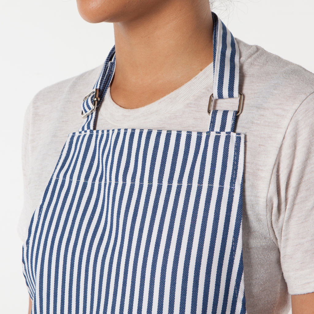 Chef's Apron - Narrow Stripe Royal close up on neck straps
