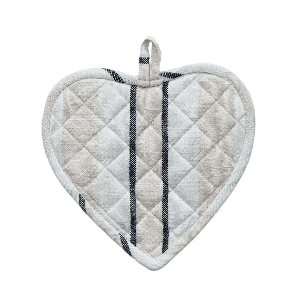 Three heart-shaped pot holders with different patterns on a white background