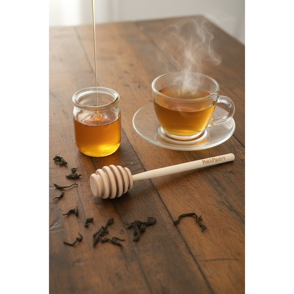 wooden honey dipper with tea and honey