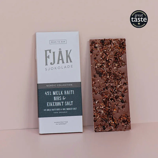 Fjak Milk Chocolate with nibs and Smoked Seas salt