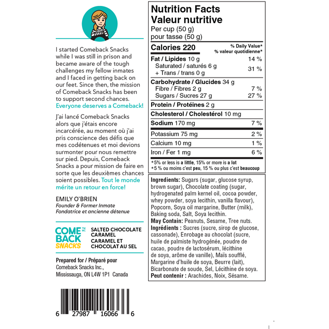 Come Back Snack Salted Chocolate Caramel Popcorn Nutritional Information