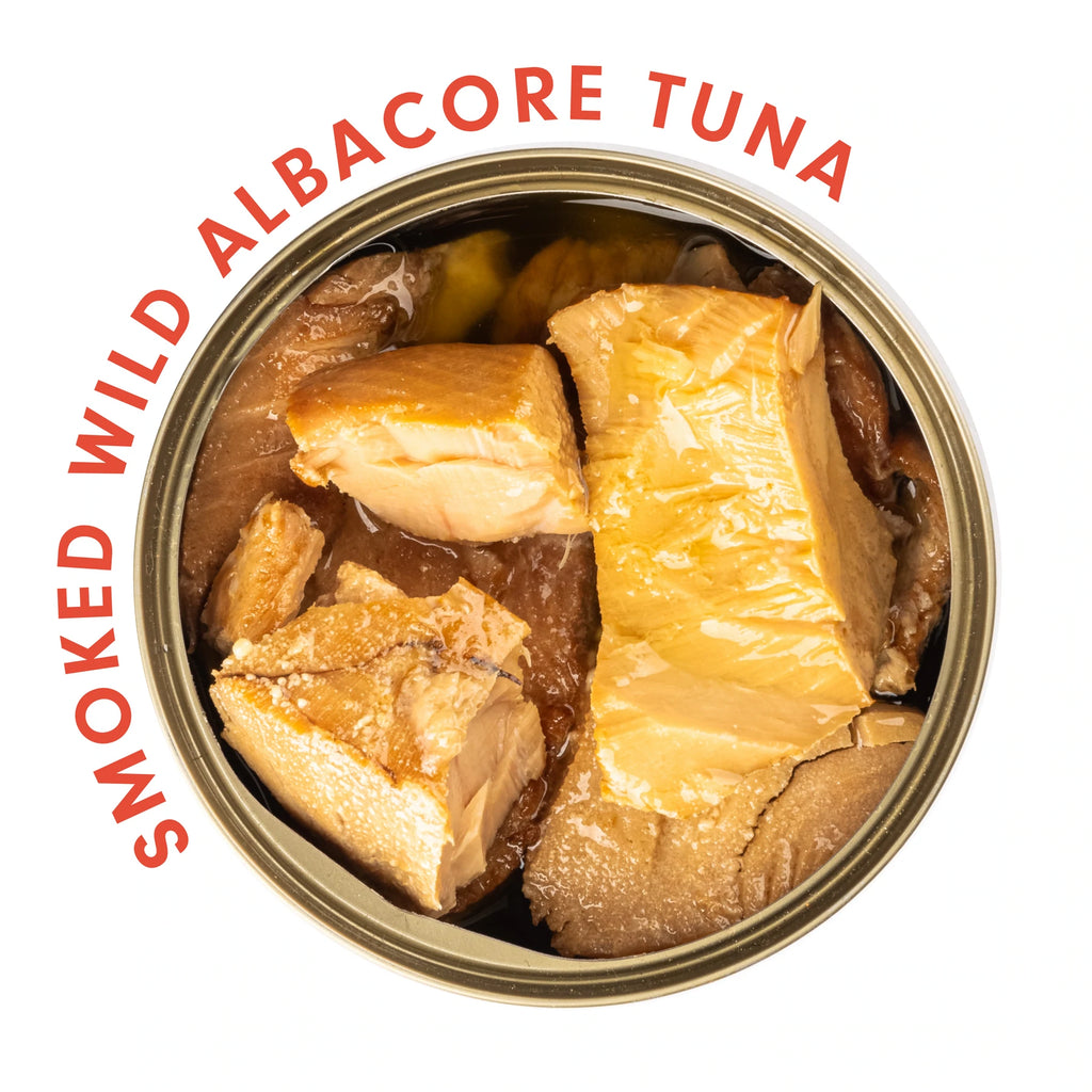 Scout smoked wild albacore tuna, open can, overhead close up.