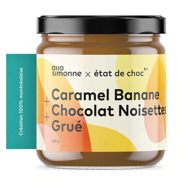 État de choc & Allo Simonne banana, caramel, hazelnut chocolate spread in bottle, close up.