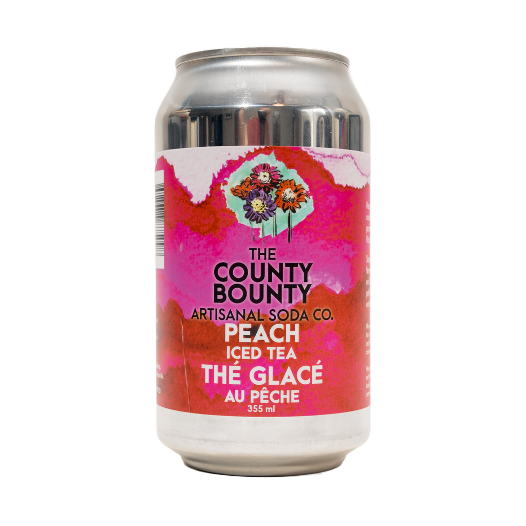 County Bounty Peach Iced Tea can, close up.
