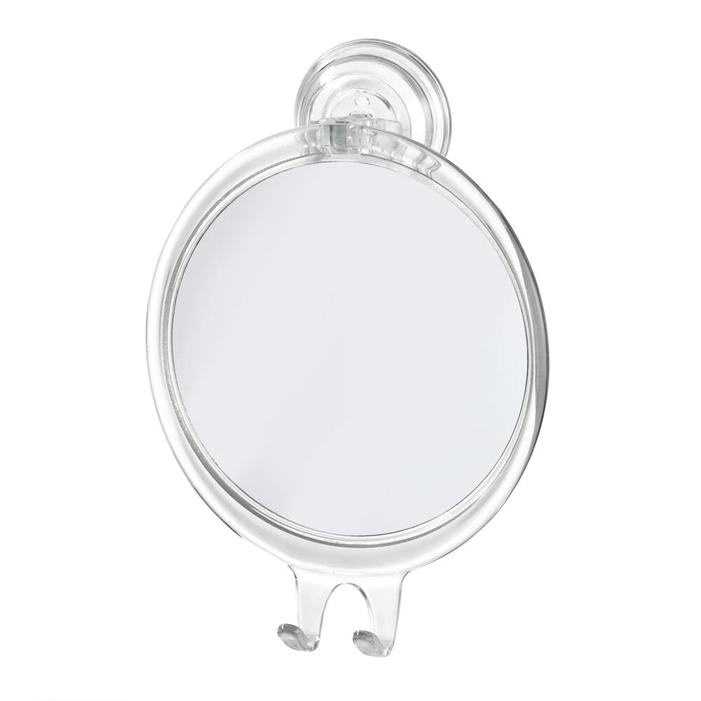 Idesign Clear MIrror with Hooks, close up.