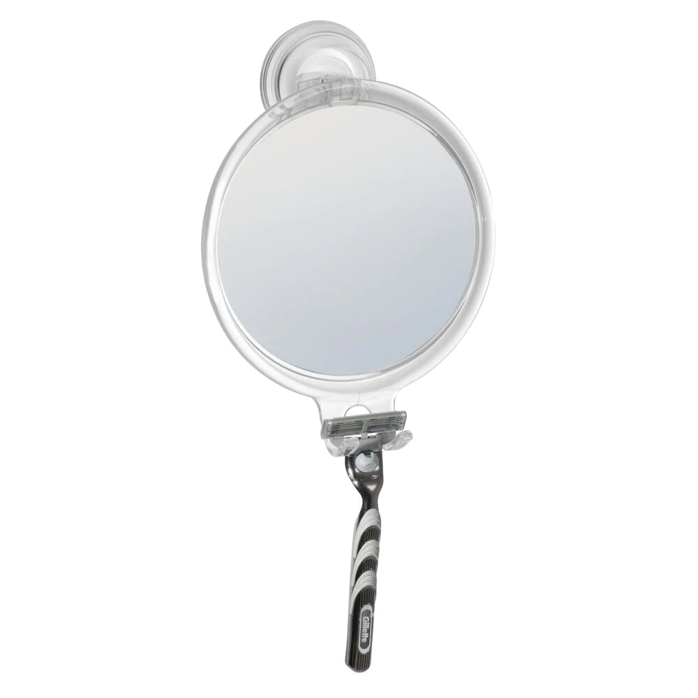 Idesign Clear MIrror with Hooks, with a razor.