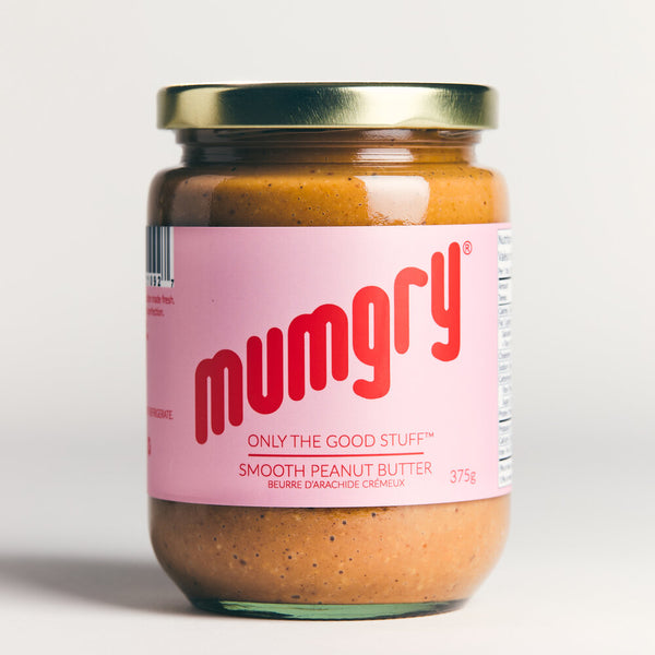 Mumgry Smooth Peanut Butter, close up.
