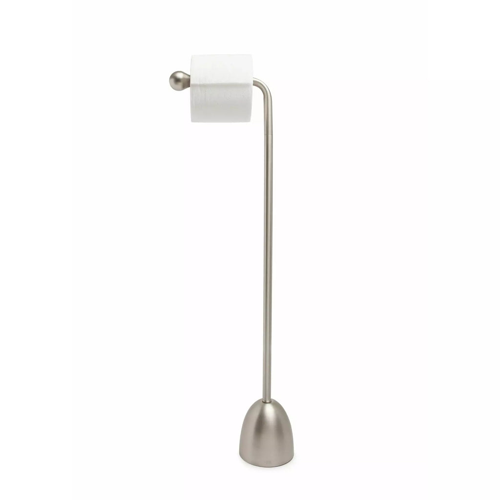 Umbra Teardrop Toilet Paper Stand in nickel, close up with toilet paper.