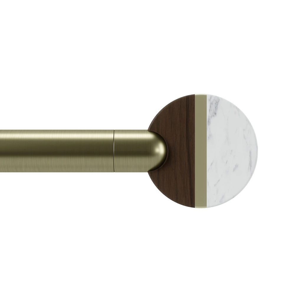 Umbra Lolly Curtain rod close up on wood and marble disk finial and brass finish rod.