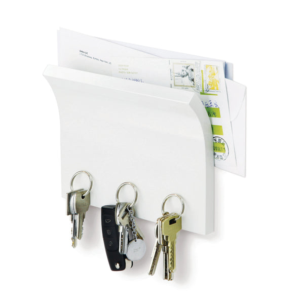 Umbra Magnetic Key Organizer in white, in use with pieces of mail in top and keys attached magnetically.