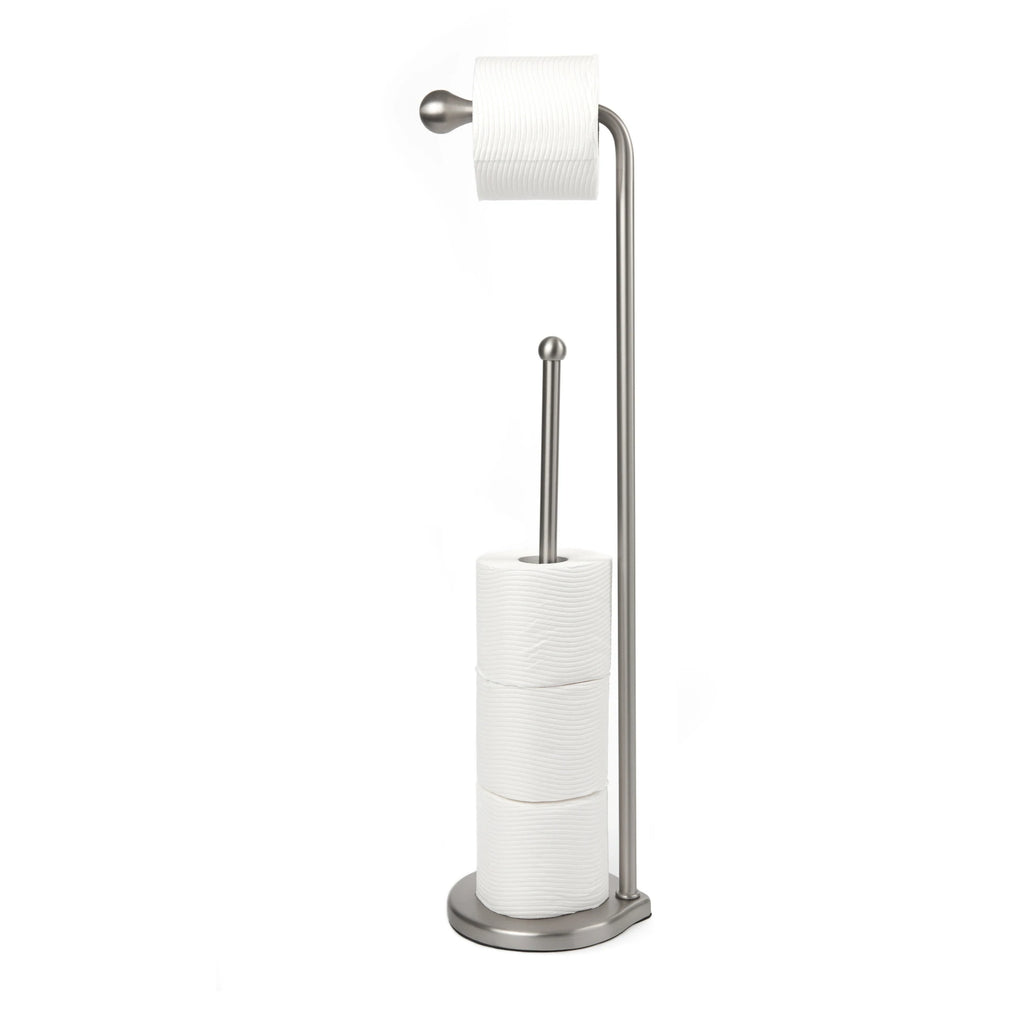 Umbra toilet paper stand with reserve, in nickel, up close, with toilet paper.