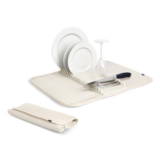 Umbra Udry Drying Mat in linen, in use and close up of folded mat.