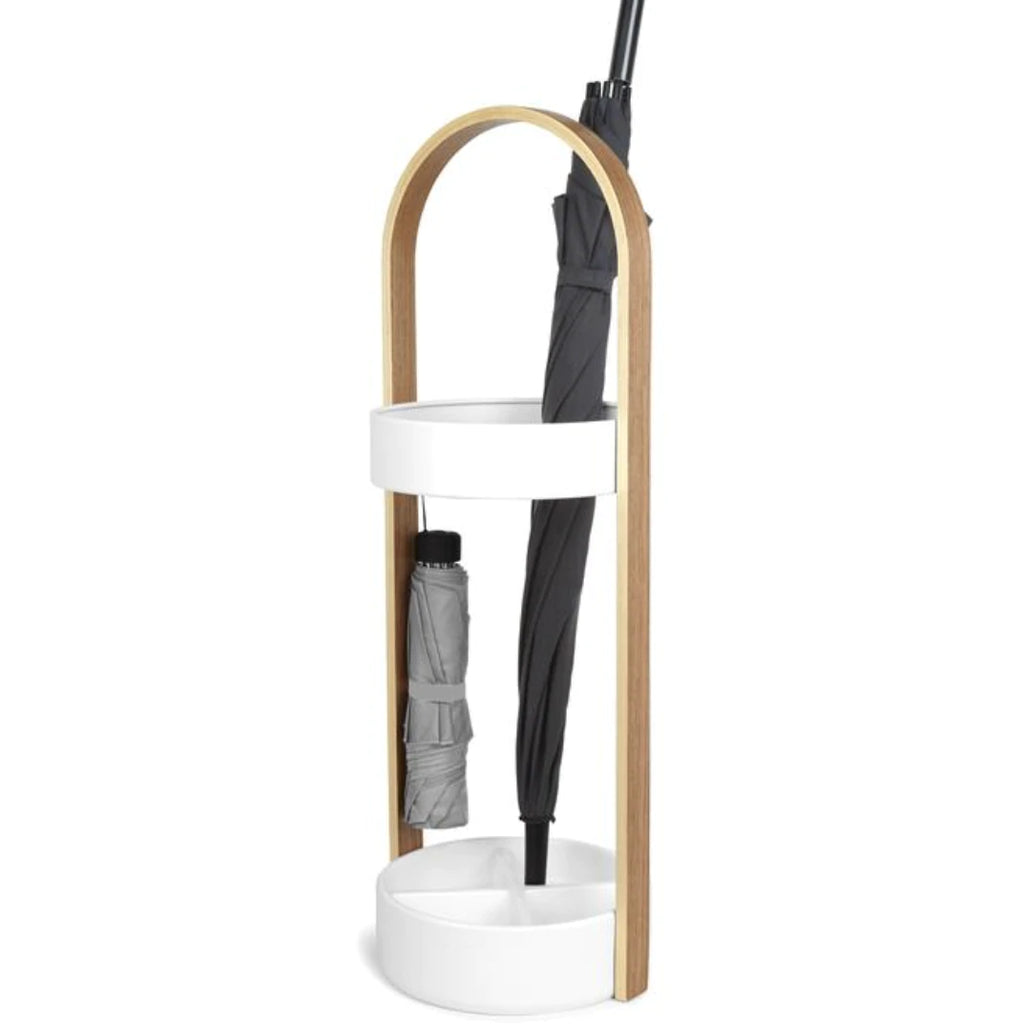 White and natural wood umbrella stand in use with tall and small umbrellas.